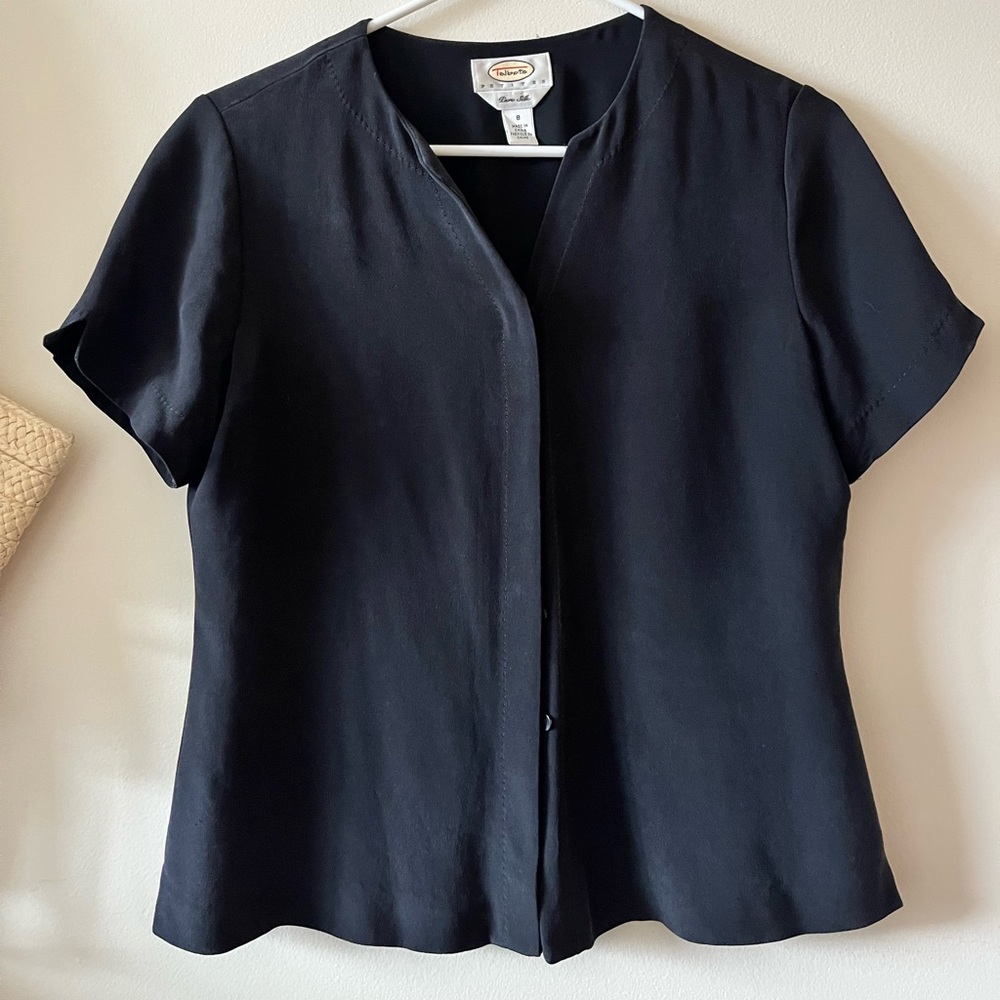 Silk Petite Cropped Black Short Sleeve Blouse